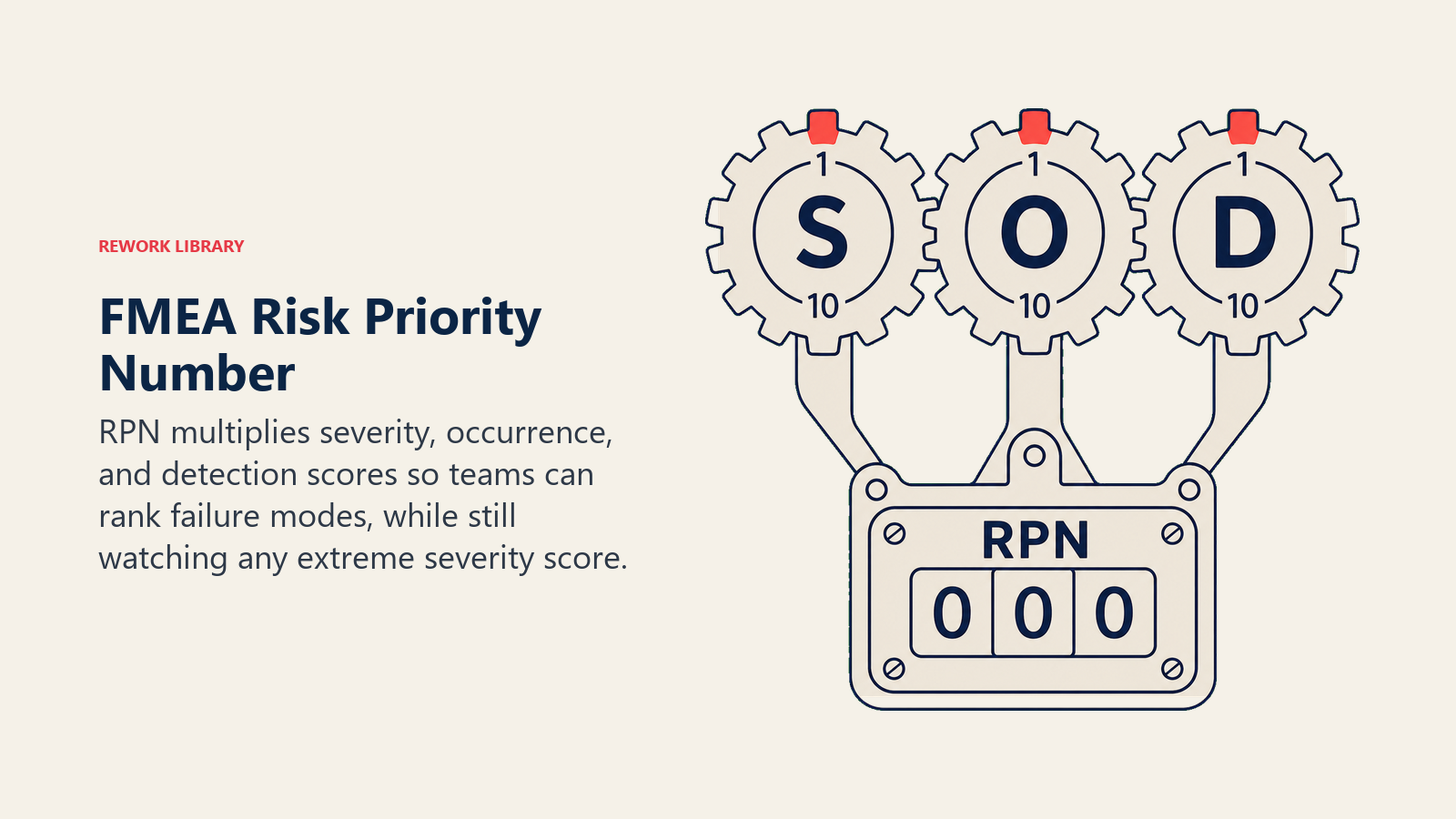 FMEA RPN formula shown as severity, occurrence, and detection score wheels combining into one risk priority number