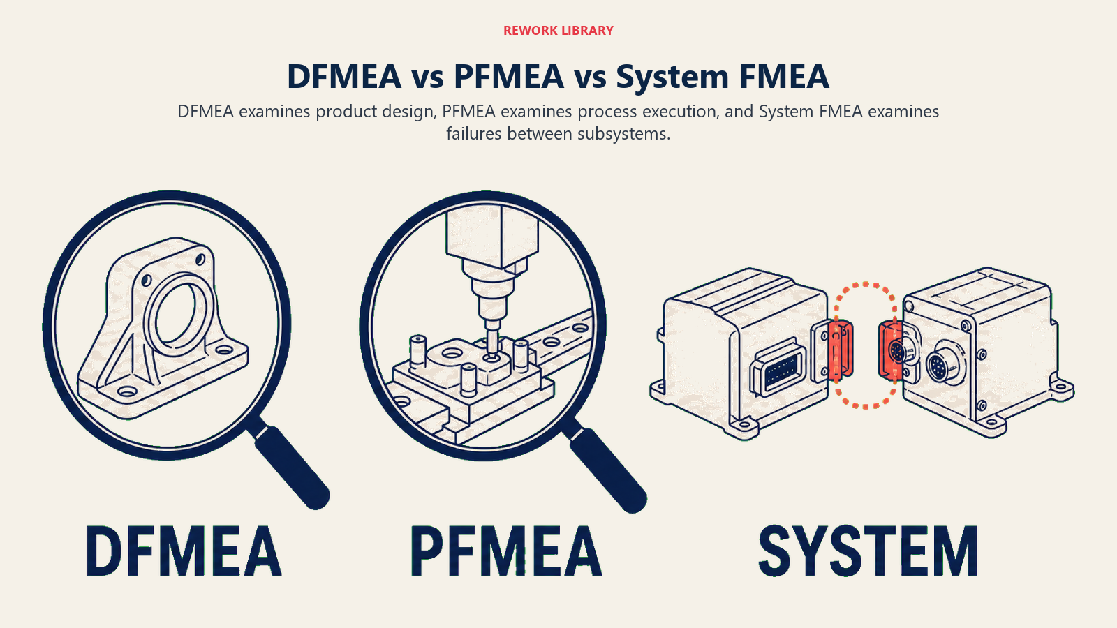 DFMEA versus PFMEA versus System FMEA showing design, process, and interface risk scopes