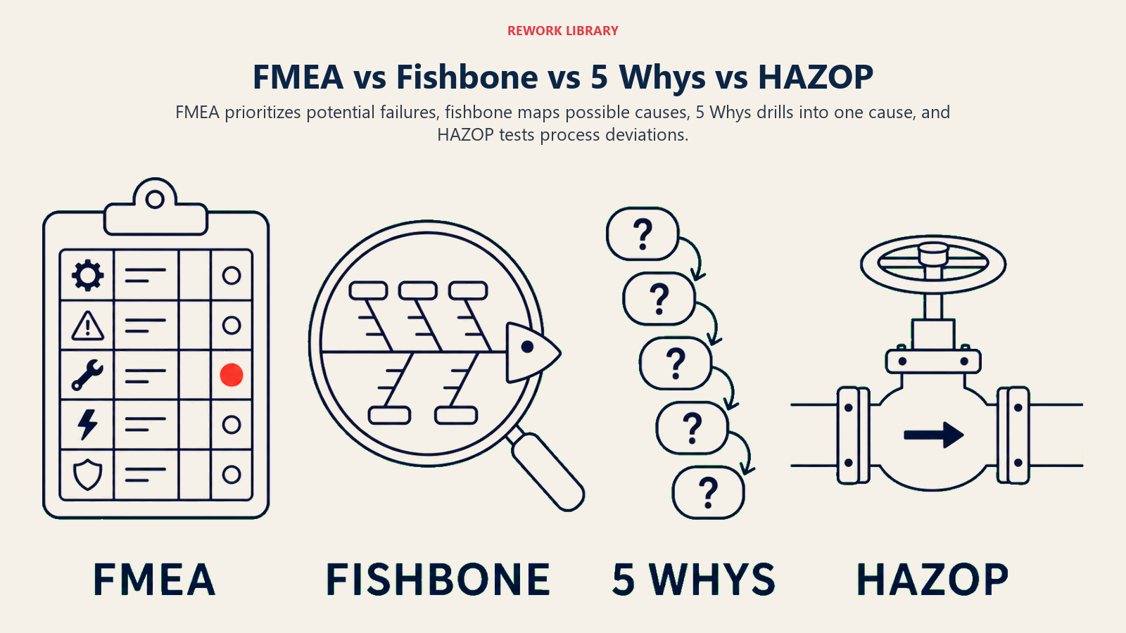 FMEA versus fishbone, 5 Whys, and HAZOP shown as four distinct risk-analysis instruments