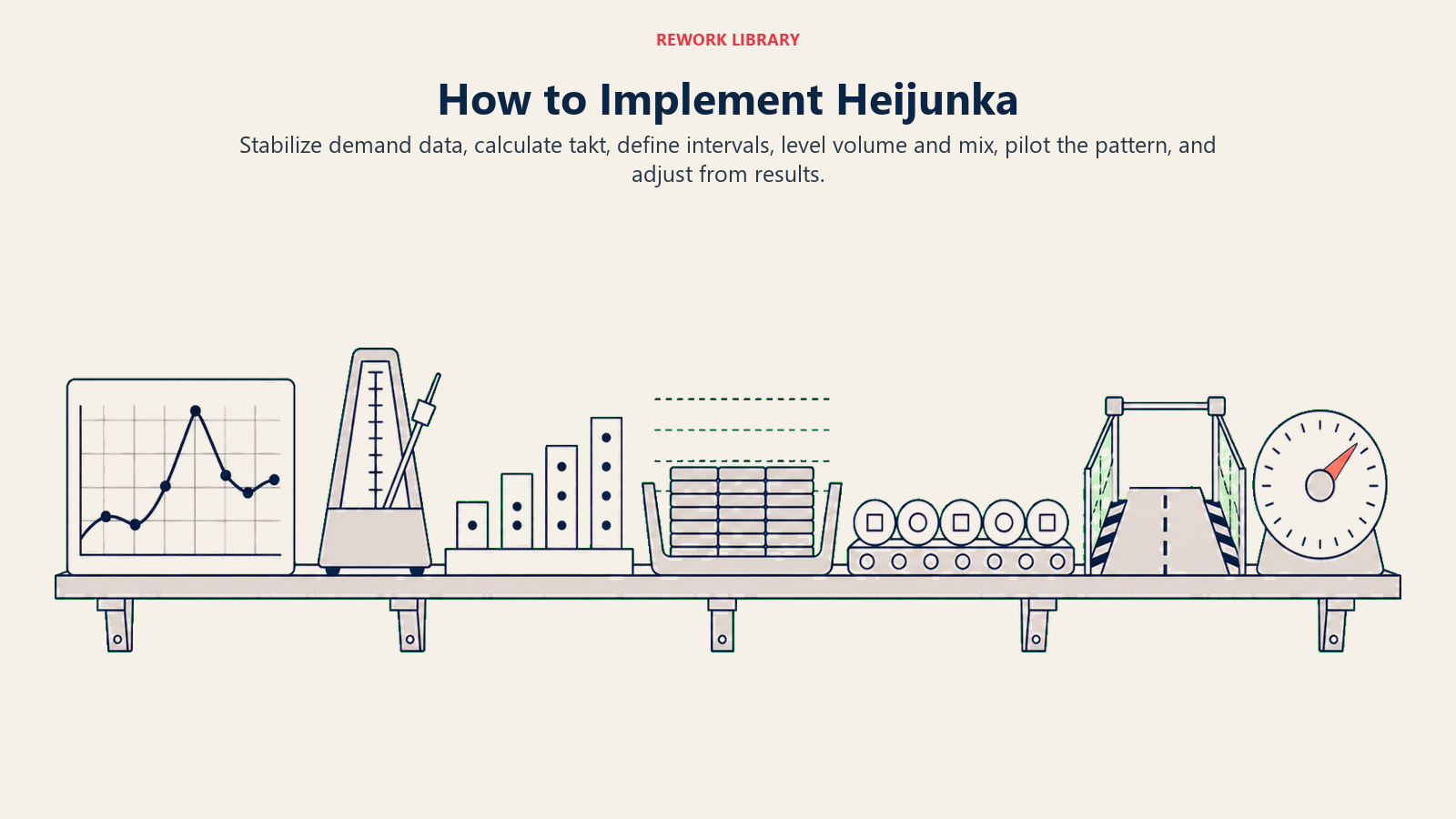 Heijunka implementation steps from demand analysis through a leveled pilot and adjustment