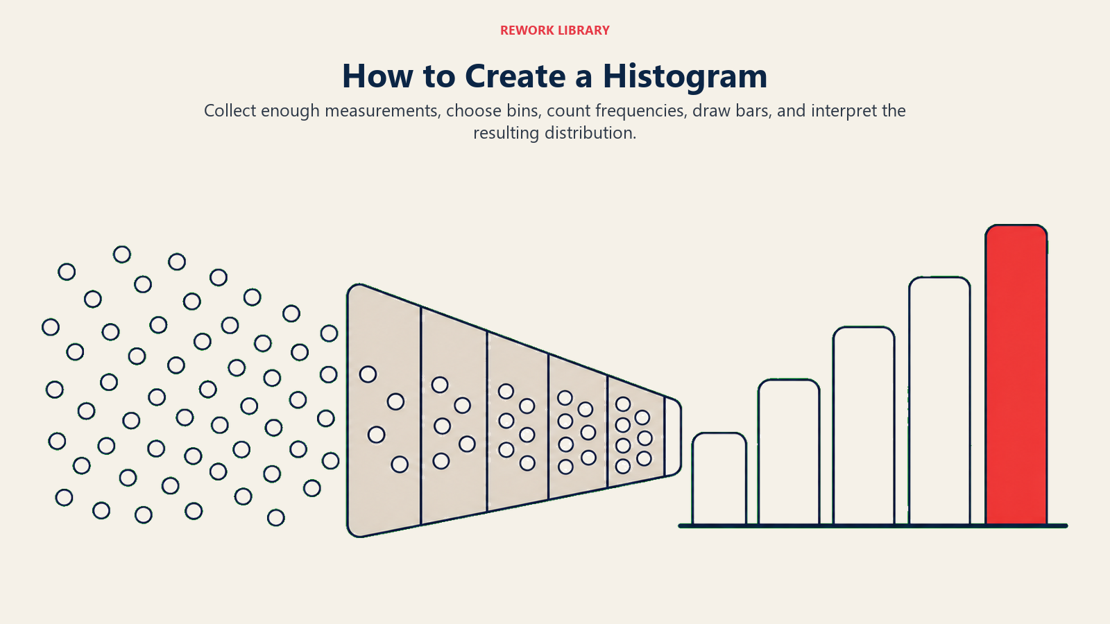 How to Create a Histogram illustrated as wide stream of measurement dots sorted into bins that rise into bars.