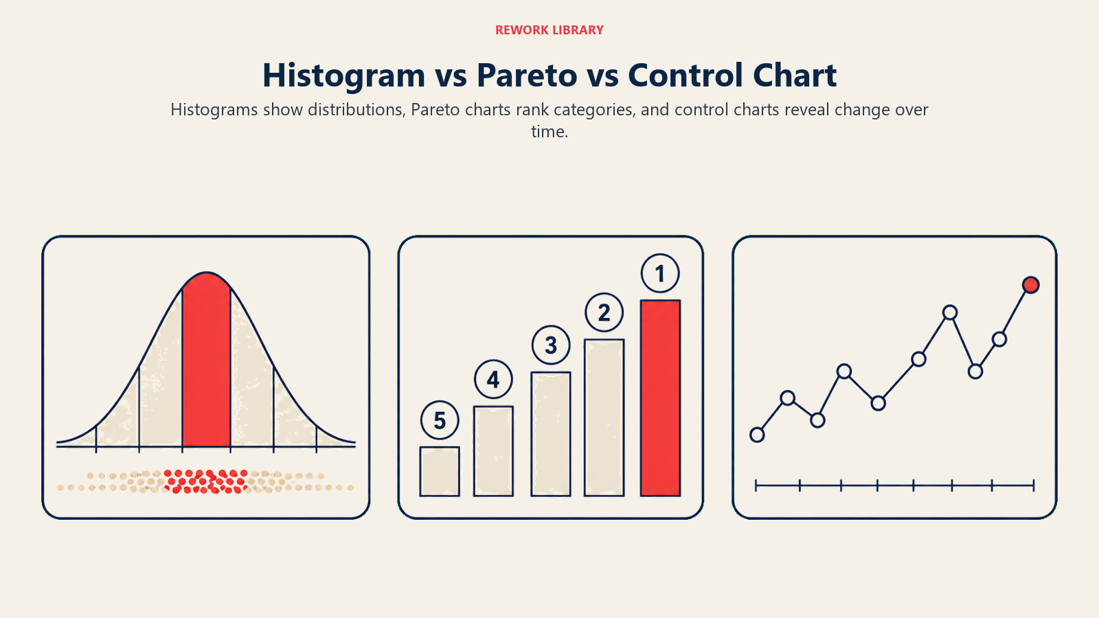 Histogram vs Pareto vs Control Chart illustrated as three distinct chart instruments comparing distribution, rank, and time signals.