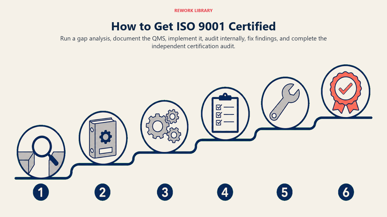ISO 9001 certification steps from gap analysis and QMS implementation to independent audit.