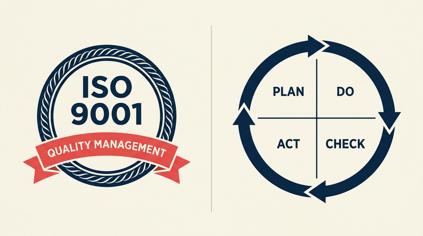 ISO 9001 certification badge beside a PDCA quality management cycle diagram