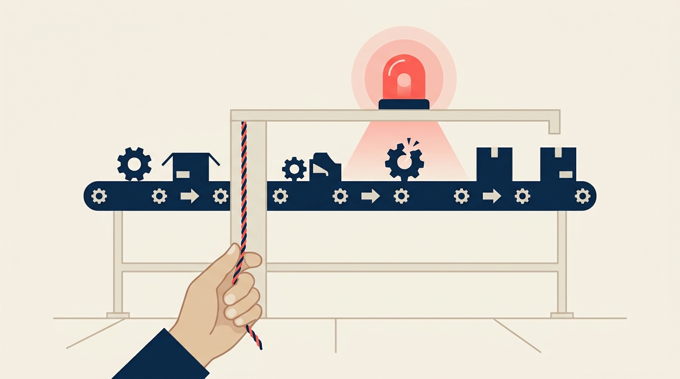 Production line with an andon stop cord and warning light illustrating jidoka built-in quality