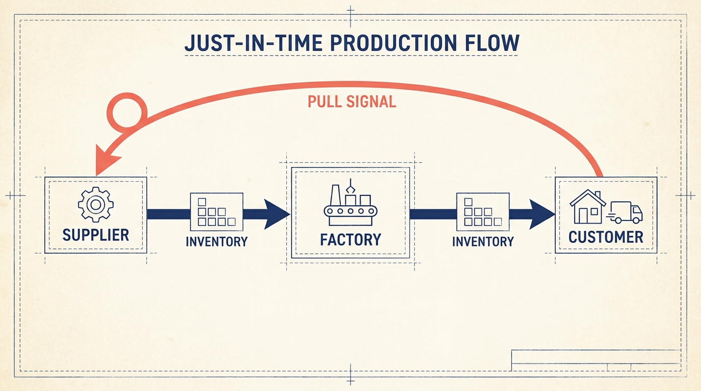 Just-in-time pull-based supply flow from supplier to factory to customer with minimal inventory buffers