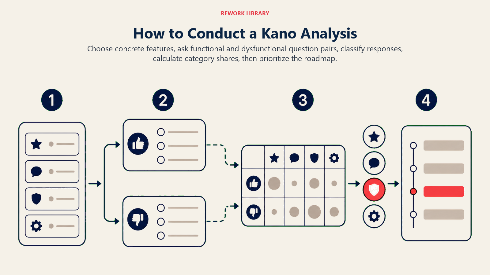 Kano analysis steps from paired feature questions through classification and roadmap priority