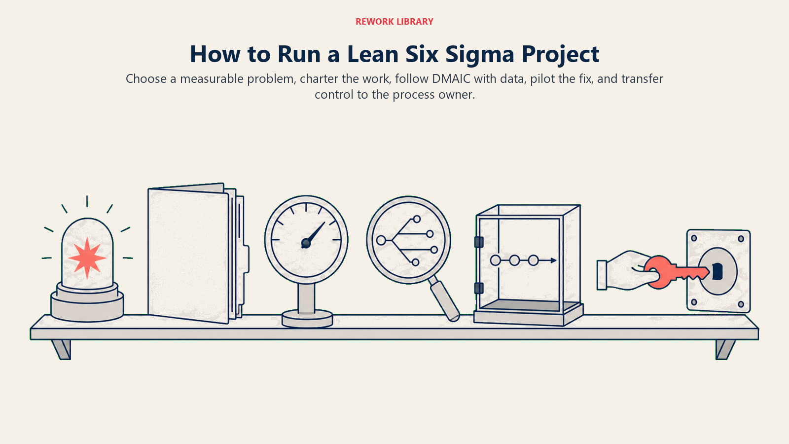 Lean Six Sigma project steps from problem charter through DMAIC pilot and control handoff