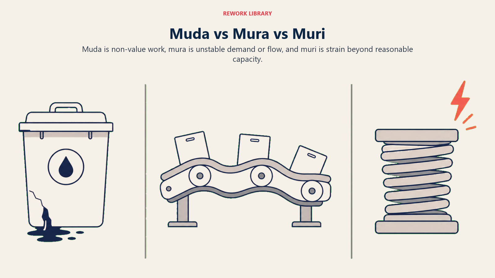 Muda, mura, and muri compared as waste, unevenness, and overburden