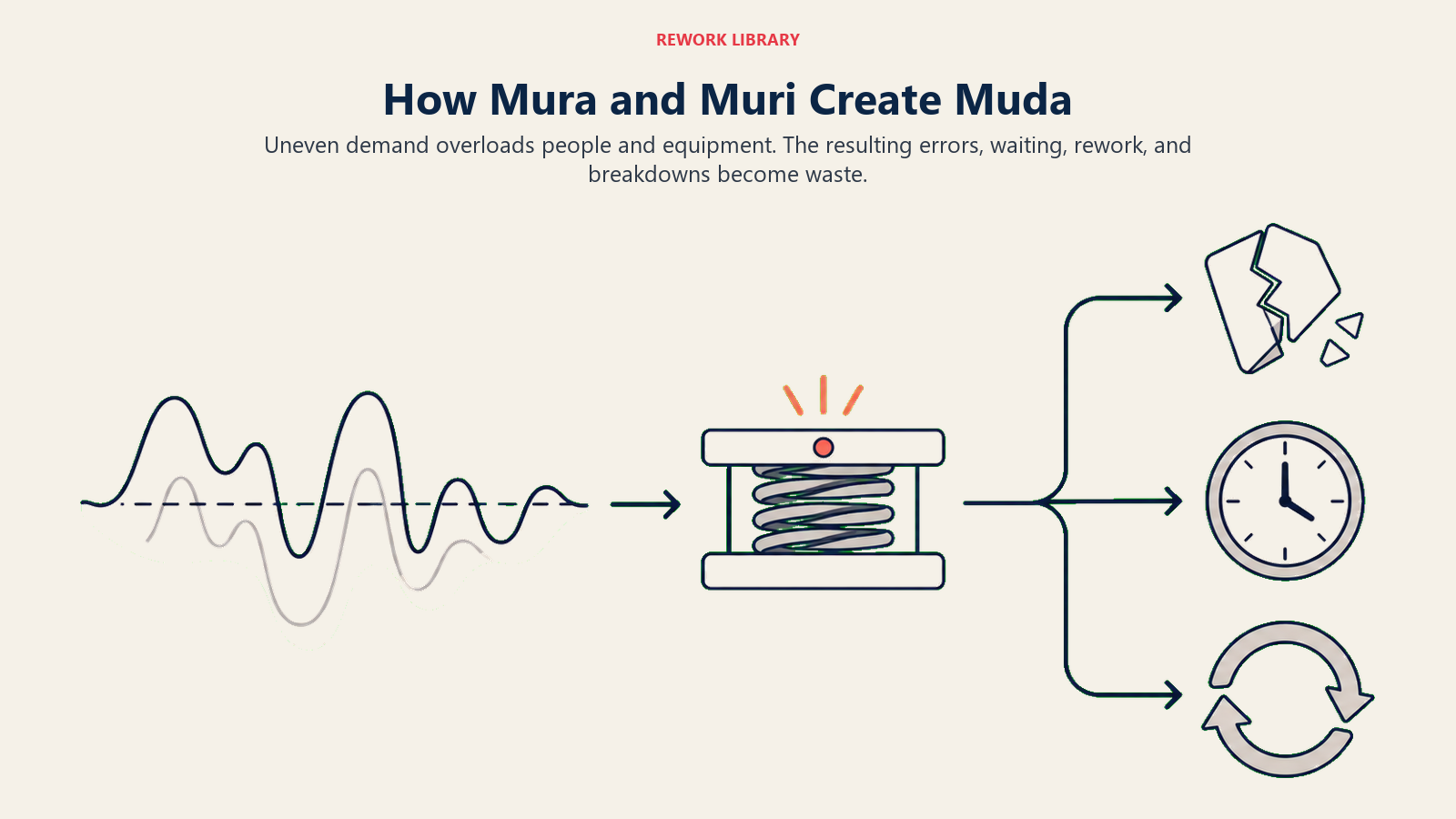 Mura unevenness causing muri overload and downstream muda waste