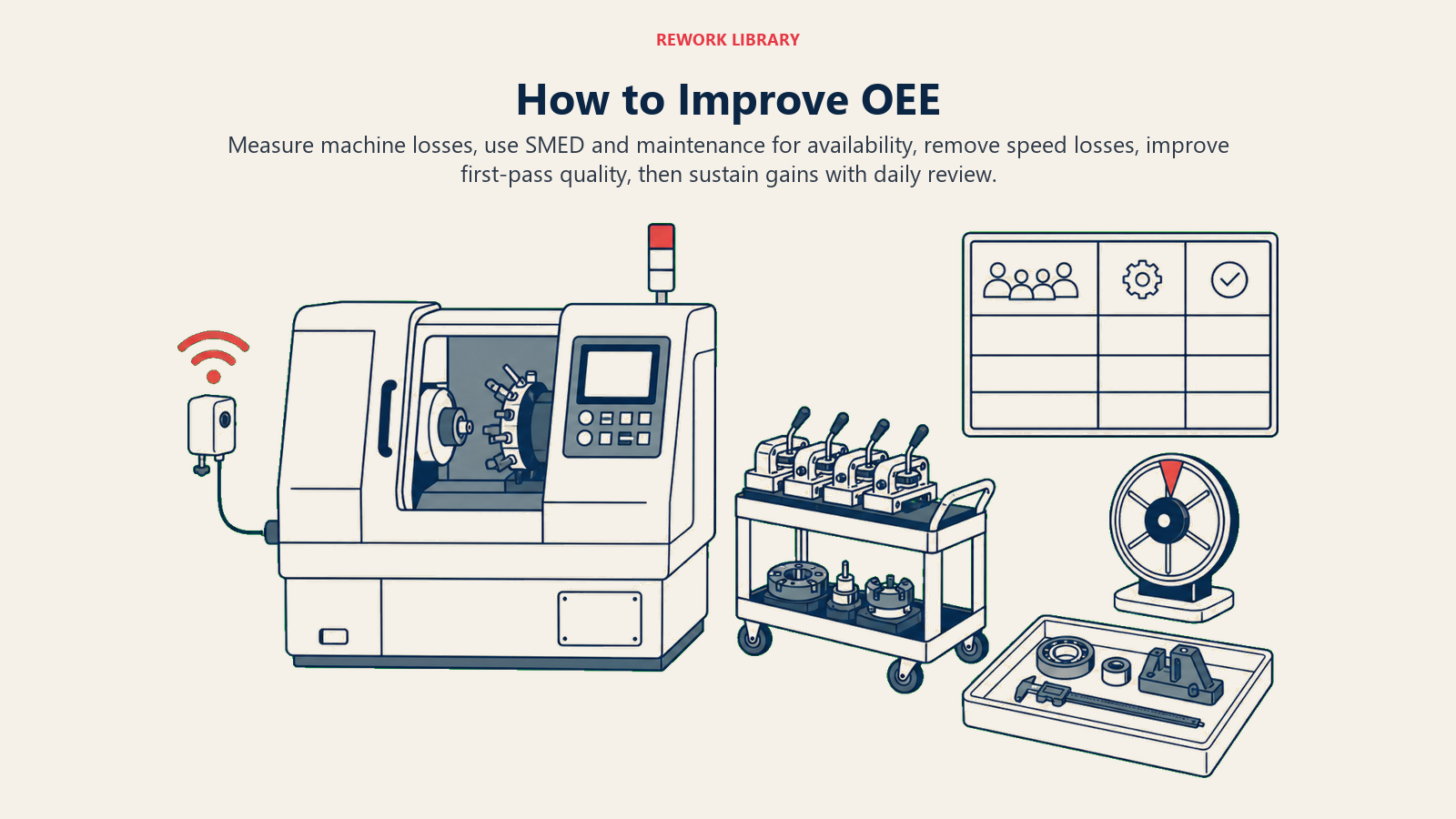 OEE improvement workflow using measurement, SMED, maintenance, speed tuning, and quality control