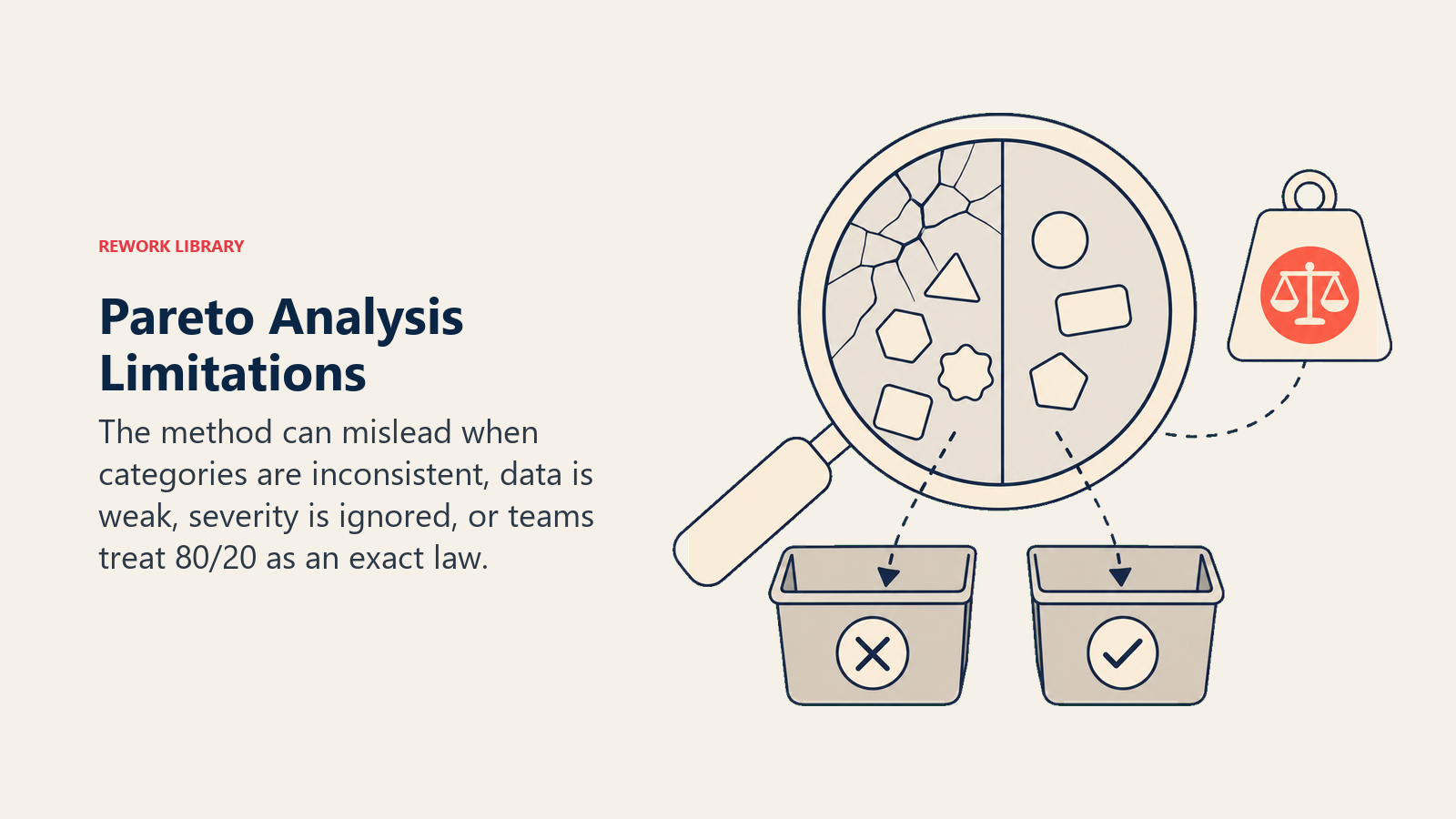 Pareto analysis limitations shown as inconsistent categories and ignored severity