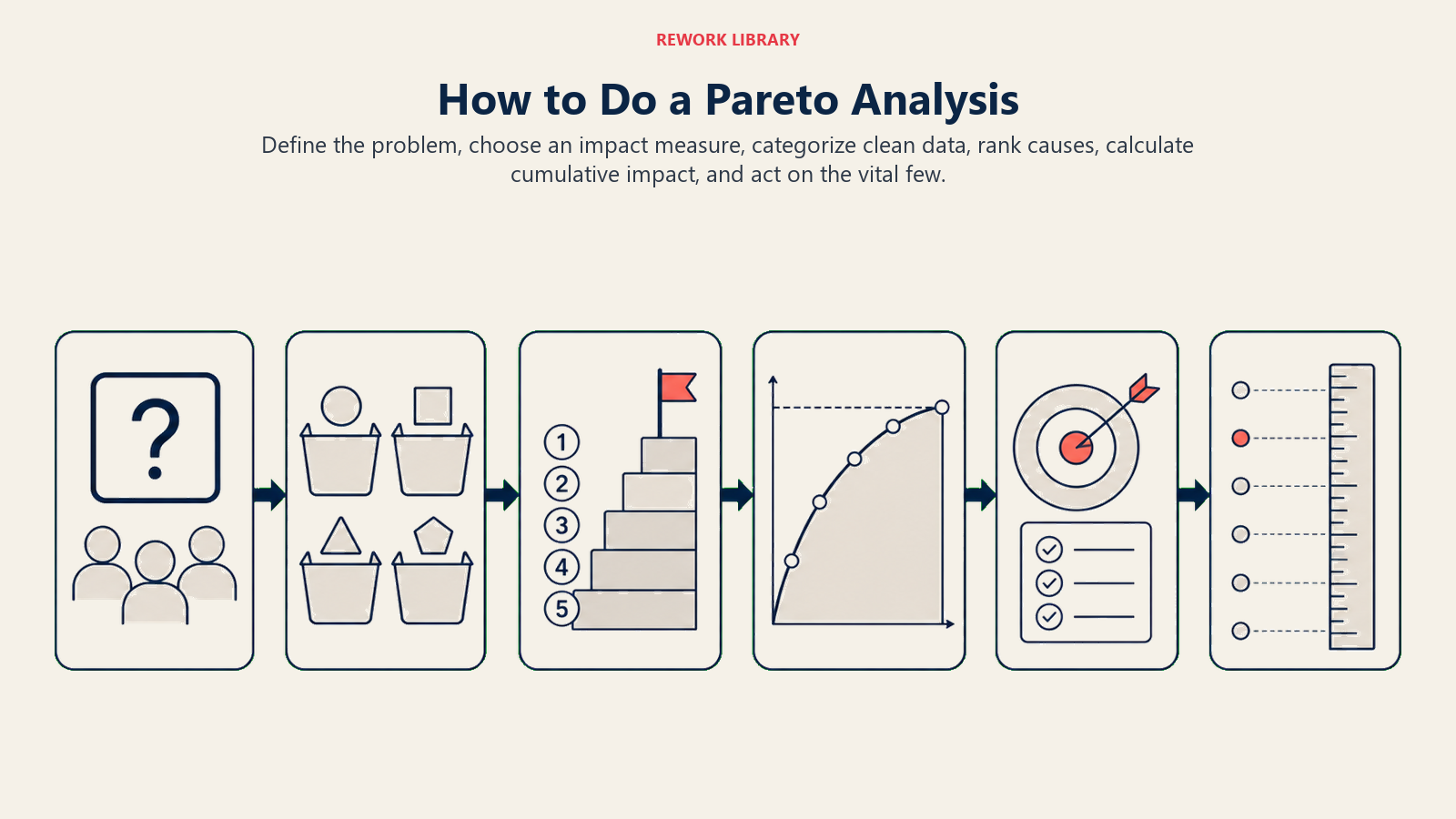 Six-step Pareto analysis process from problem definition to action