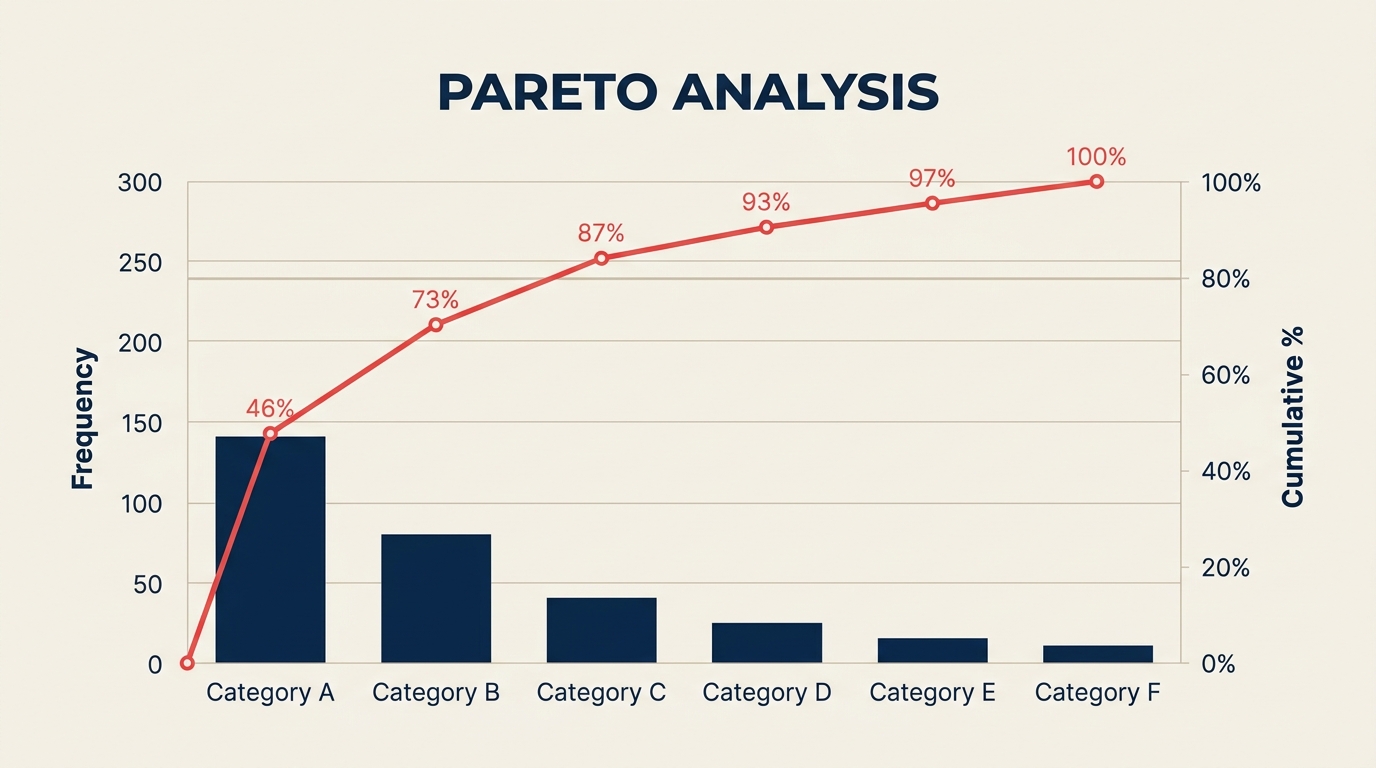 Pareto analysis chart showing the 80/20 rule with descending bars and cumulative line