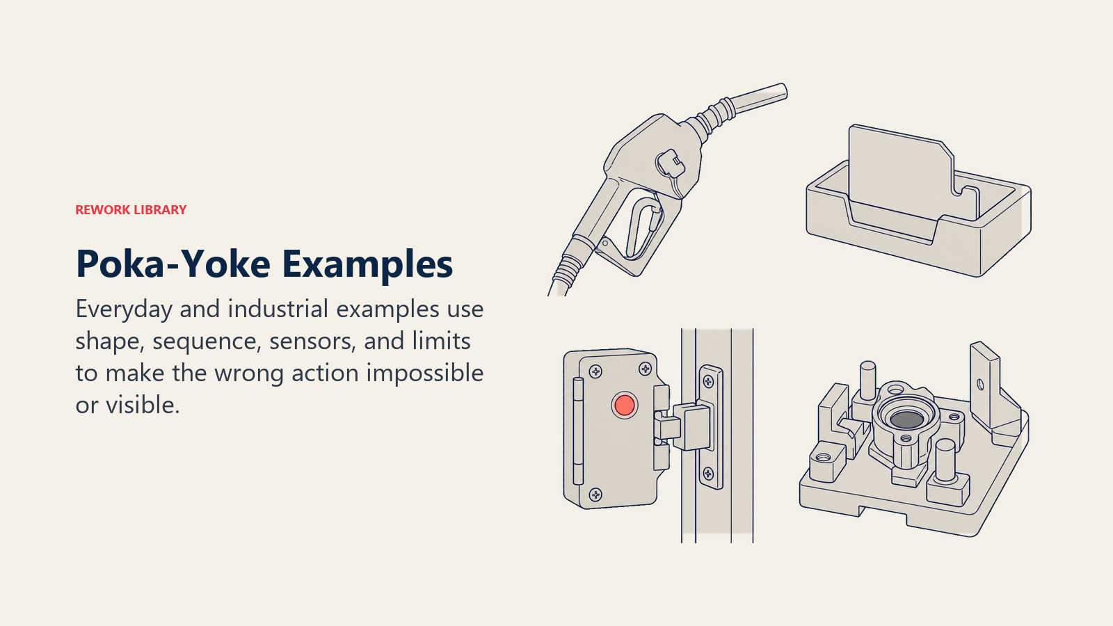 Poka-yoke examples using keyed shapes, interlocks, sensors, and assembly fixtures
