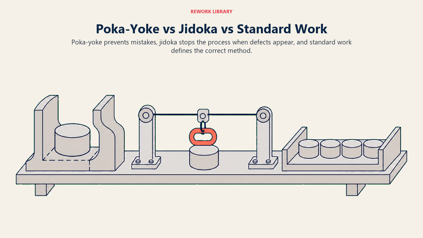 Poka-yoke versus jidoka versus standard work as prevention, automatic stop, and defined sequence