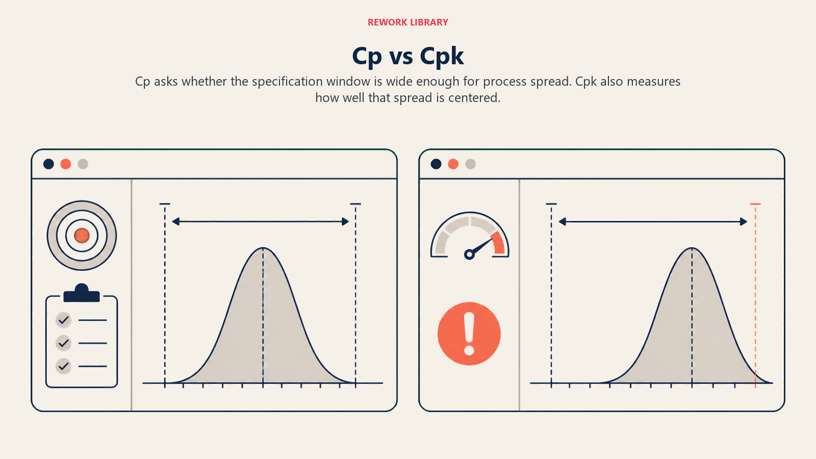 Cp compared with Cpk using centered and off-center process distributions
