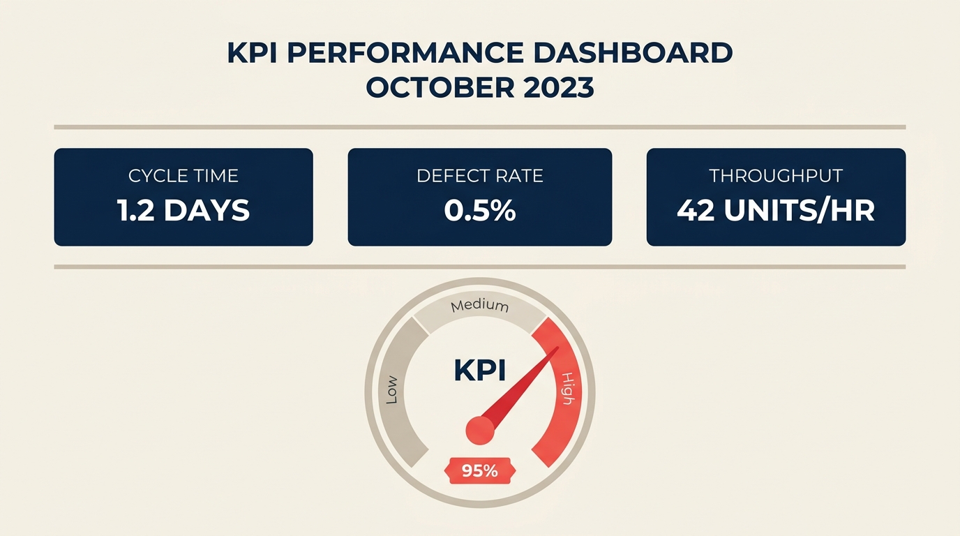 Process KPIs dashboard showing Cycle Time, Defect Rate, and Throughput gauges in navy and coral on cream background