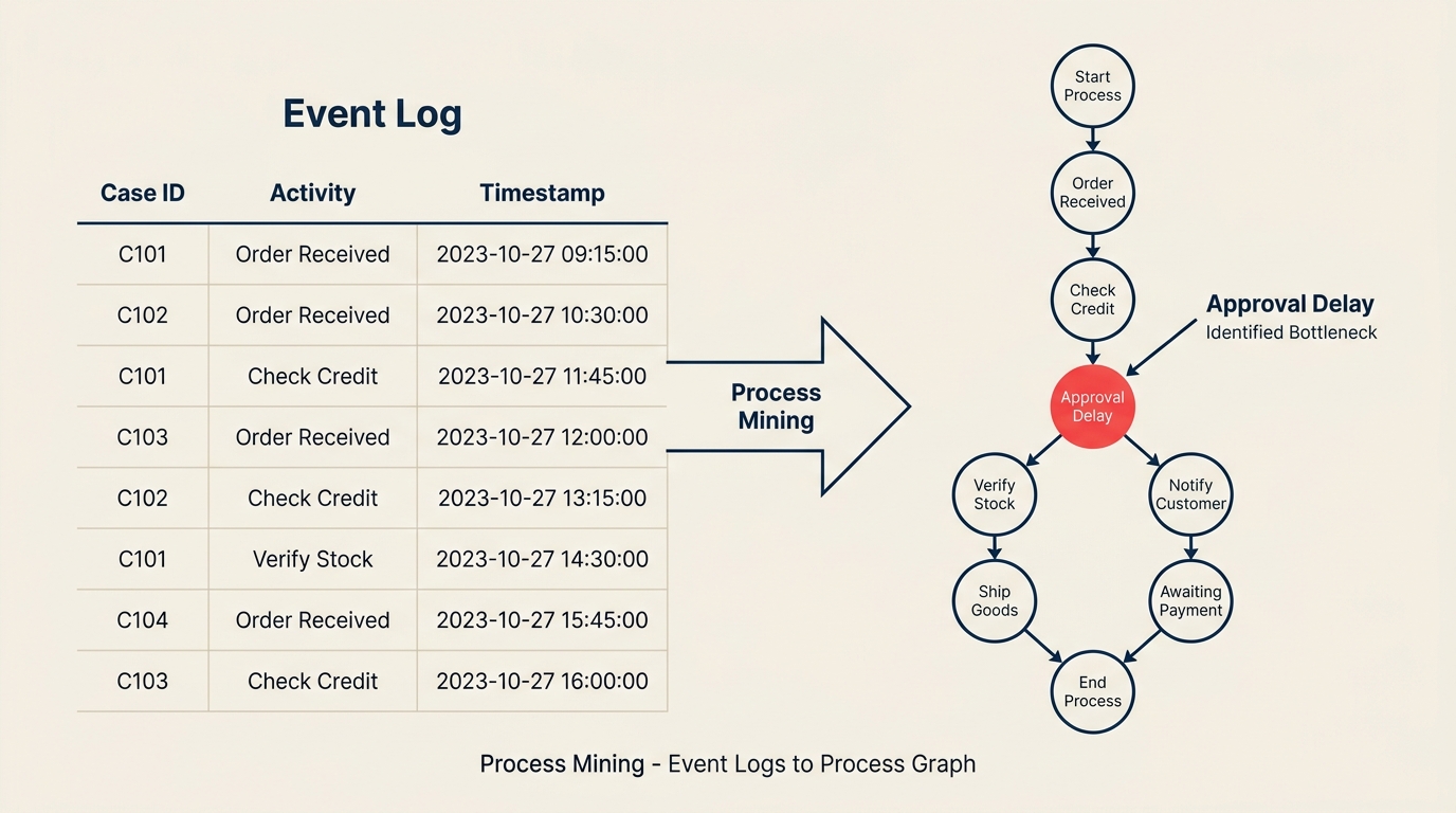 Process mining event log data on the left flowing into an automatically discovered process flow graph on the right, with one coral node highlighting a bottleneck
