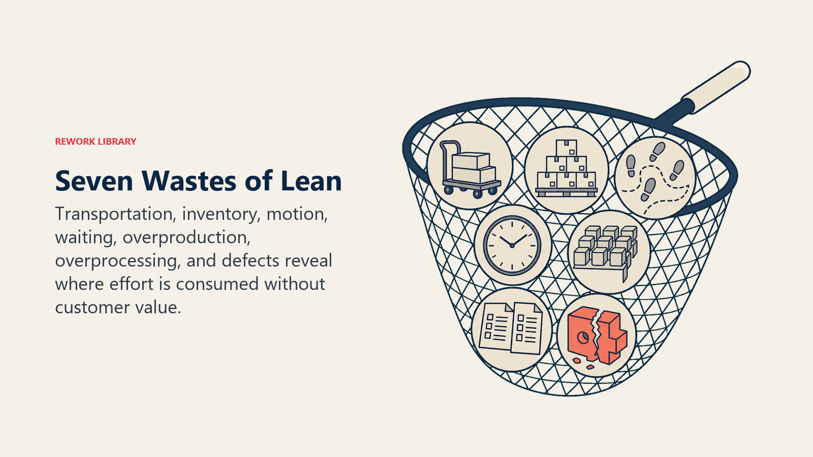 Seven Lean wastes captured by an optimization diagnostic net