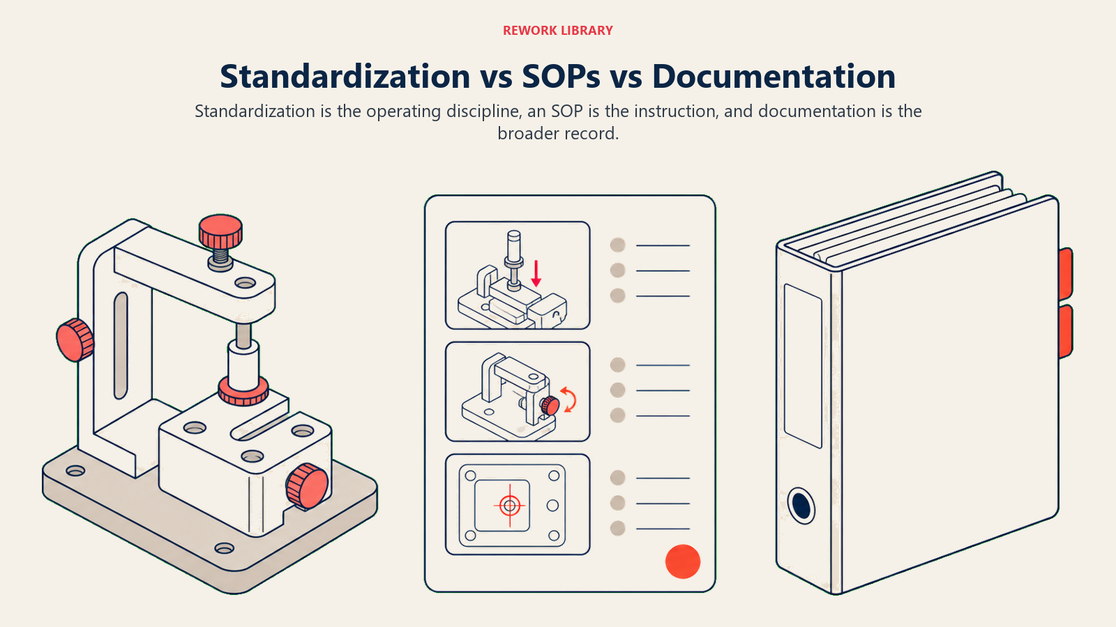 Standardization vs SOPs vs Documentation illustrated as three workshop artifacts: calibration jig, instruction sheet, and archive binder.