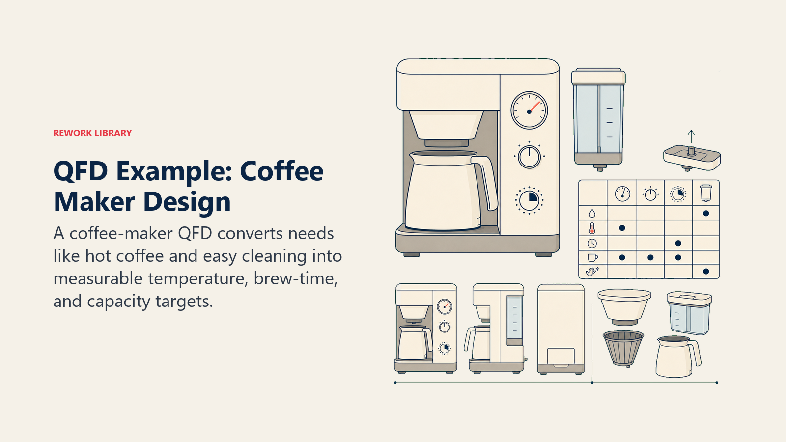 QFD coffee maker example translating customer needs into temperature, brew-time, and capacity targets.