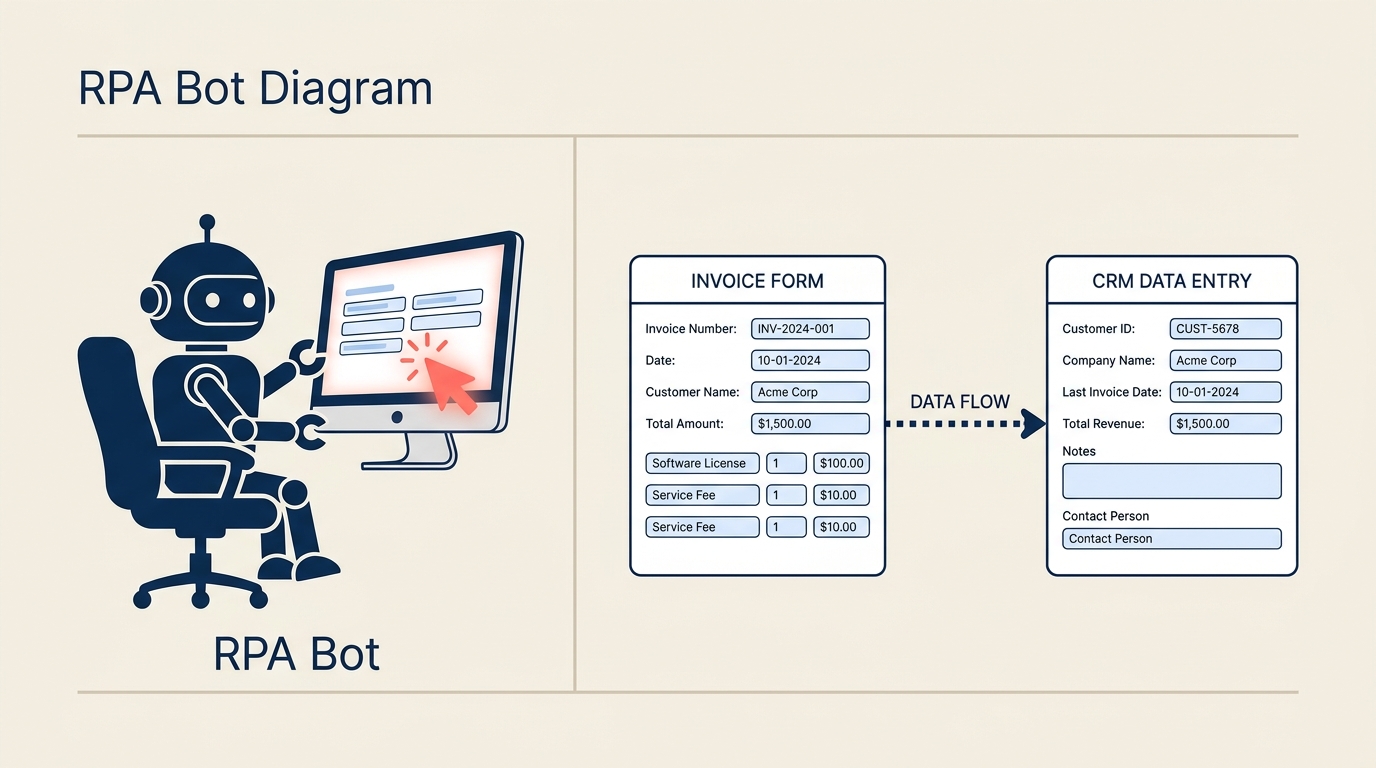 Robotic process automation software bot clicking through form fields across two system windows