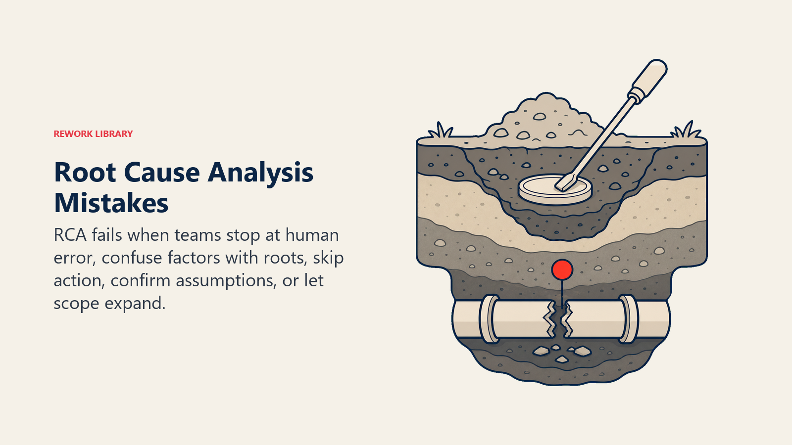Root cause analysis excavation showing a shallow false cause above the actual system failure