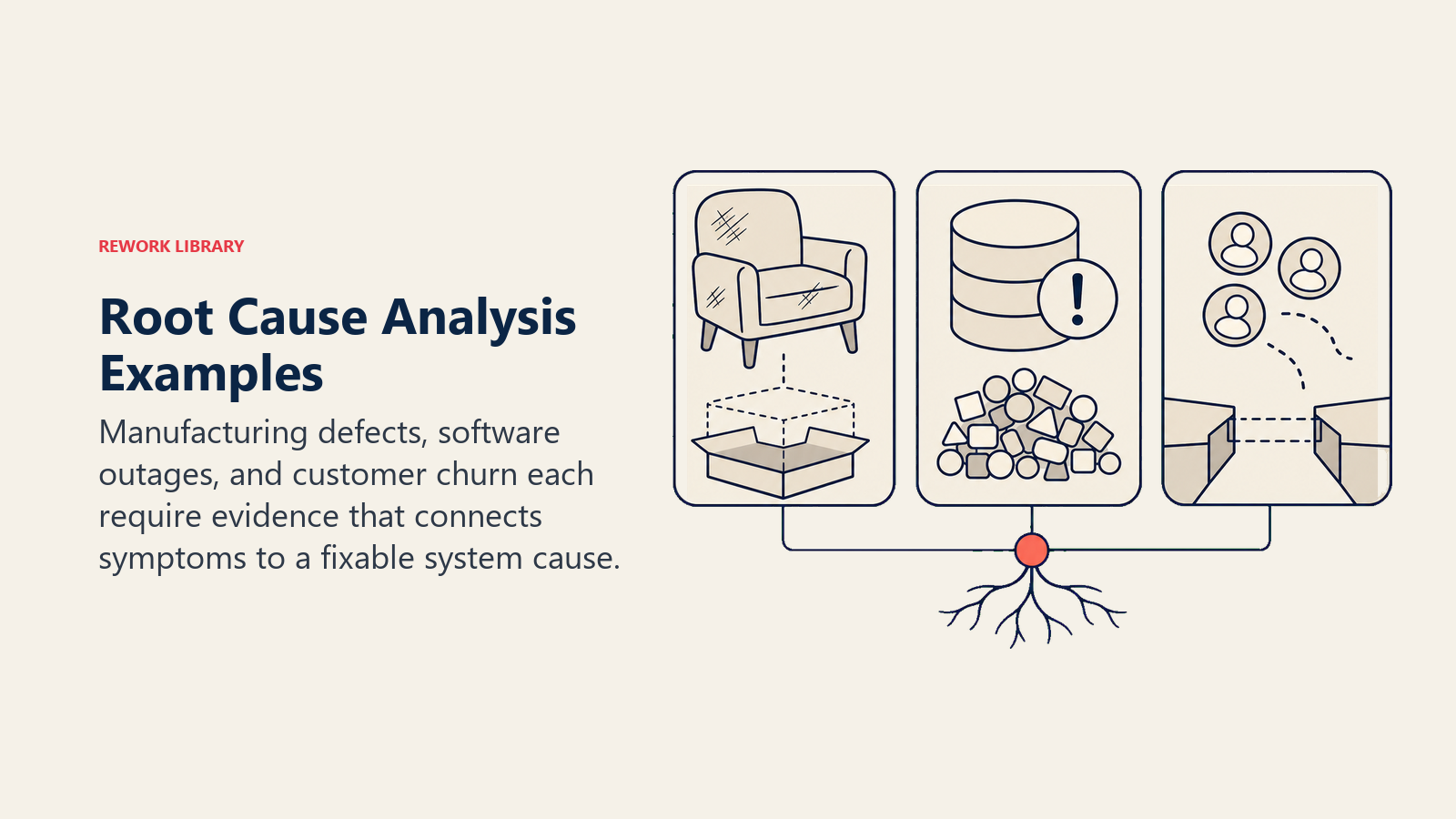 Manufacturing, software, and customer churn examples traced to underlying system causes