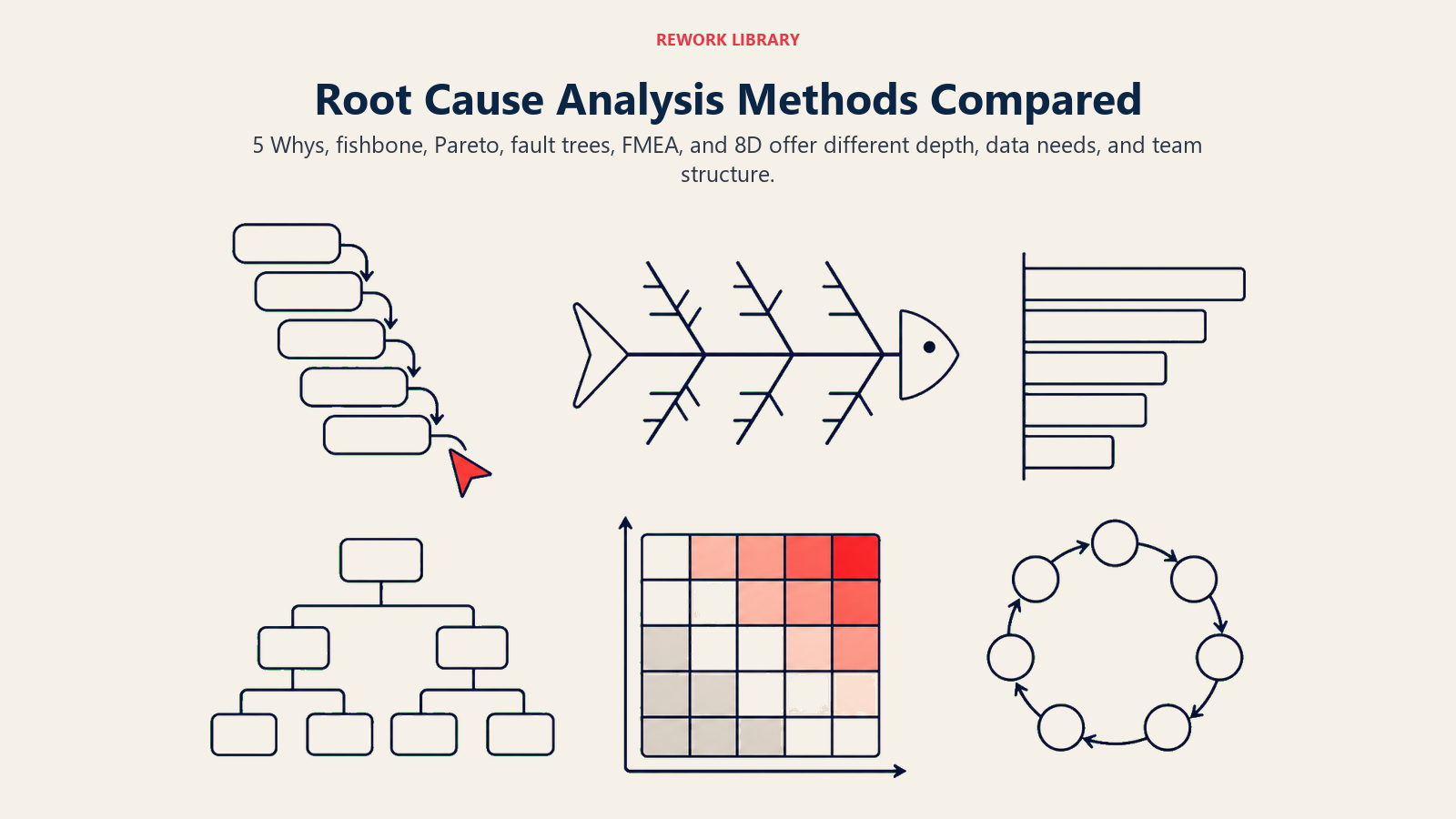 Six root cause analysis methods represented by distinct diagnostic instruments