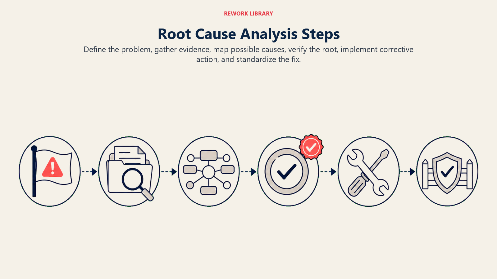 Six-step root cause analysis process from problem definition to standardized prevention