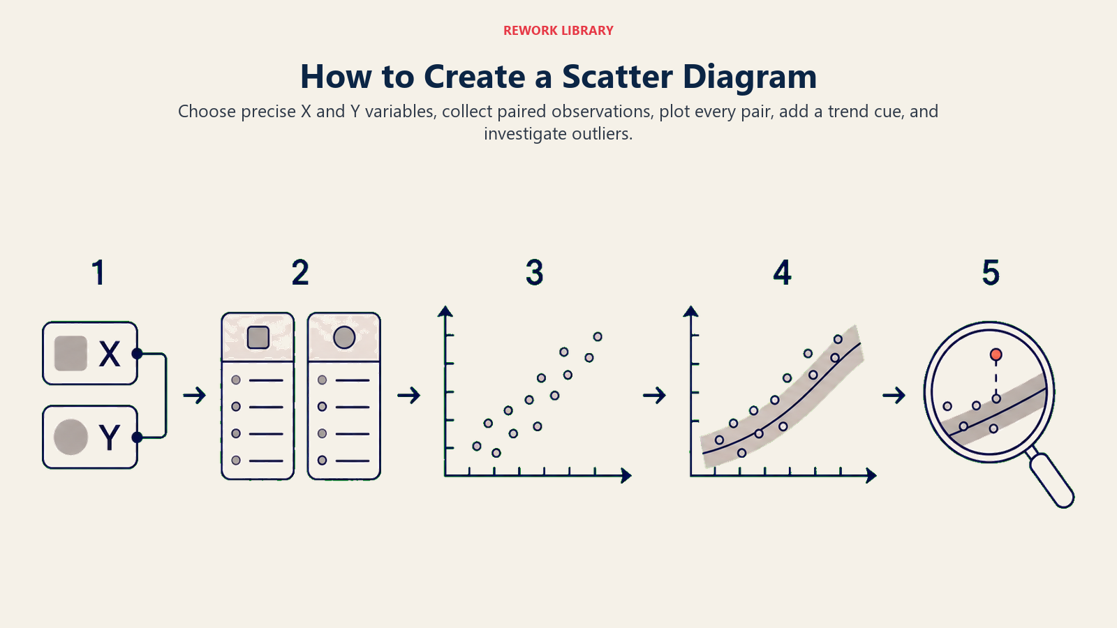 How to Create a Scatter Diagram shown as a wide five-step visual sequence: paired variable tags, matched data cards, coordinate plot, trend ribbon, outlier magnifier; sparse numbers 1 to 5.