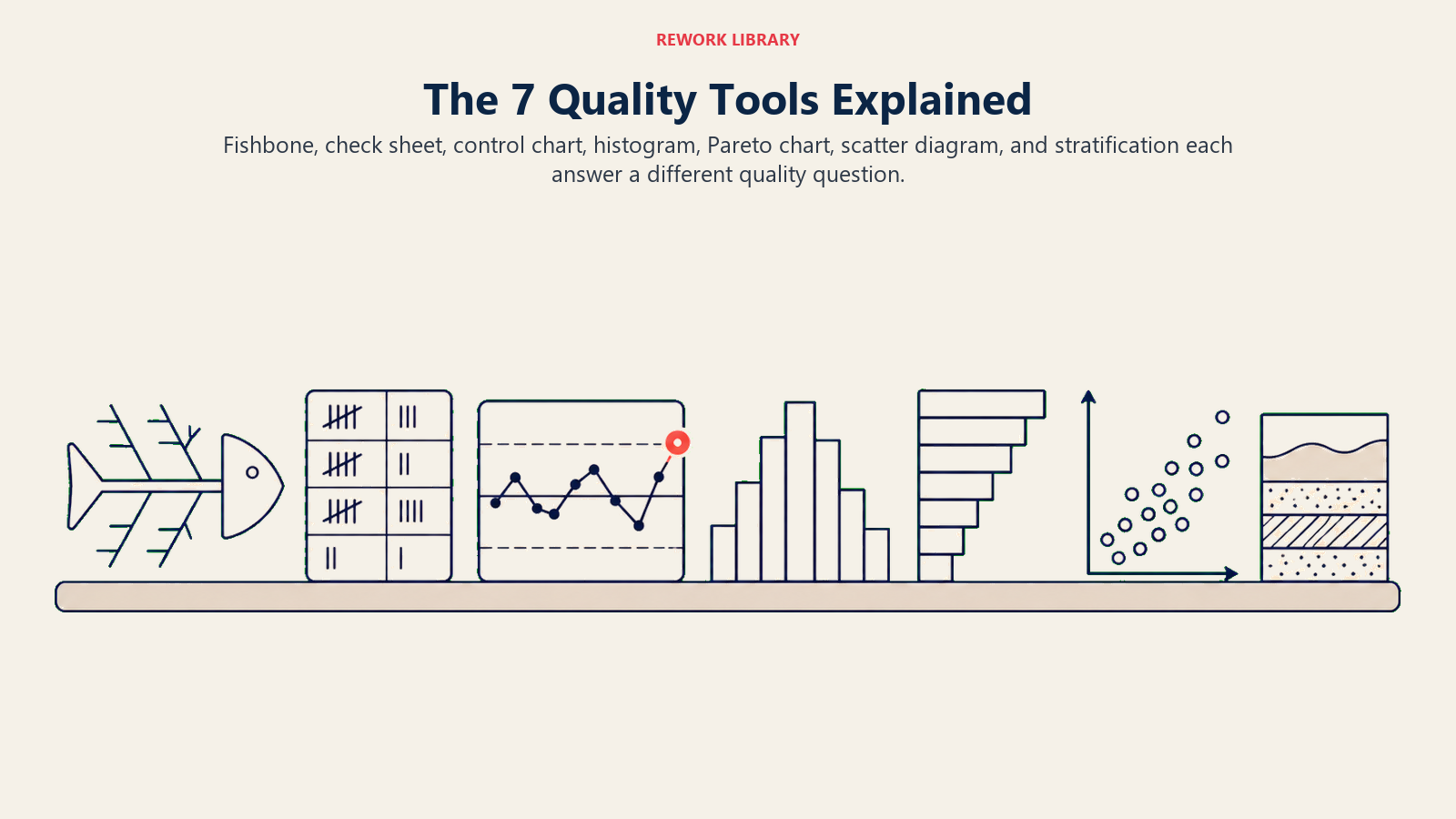 Seven quality tools shown as distinct instruments on one reference shelf