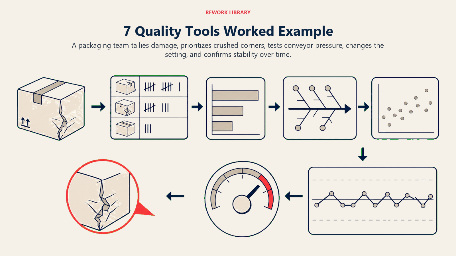 Packaging defect worked example chaining check sheet, Pareto, fishbone, scatter, and control tools