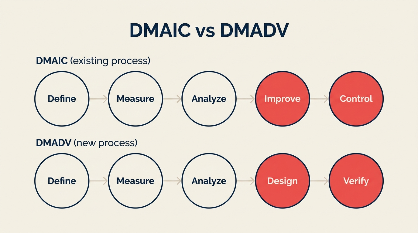 DMAIC and DMADV side by side: Define, Measure, Analyze, Improve/Design, Control/Verify