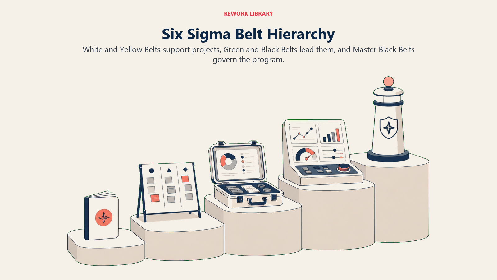 Five-level Six Sigma belt hierarchy from project support to program governance