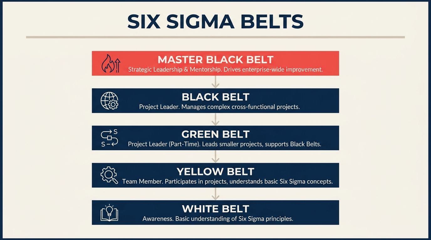 Six Sigma belt hierarchy from White Belt to Master Black Belt