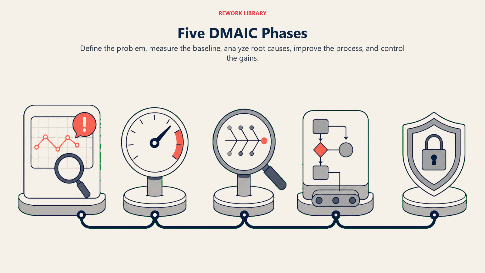 Five DMAIC phases from problem definition to sustained control