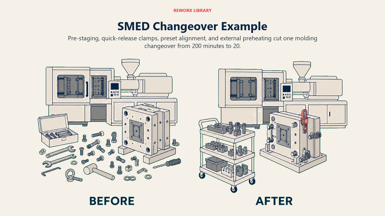 SMED example showing an injection molding changeover reduced through pre-staging and quick-release tooling