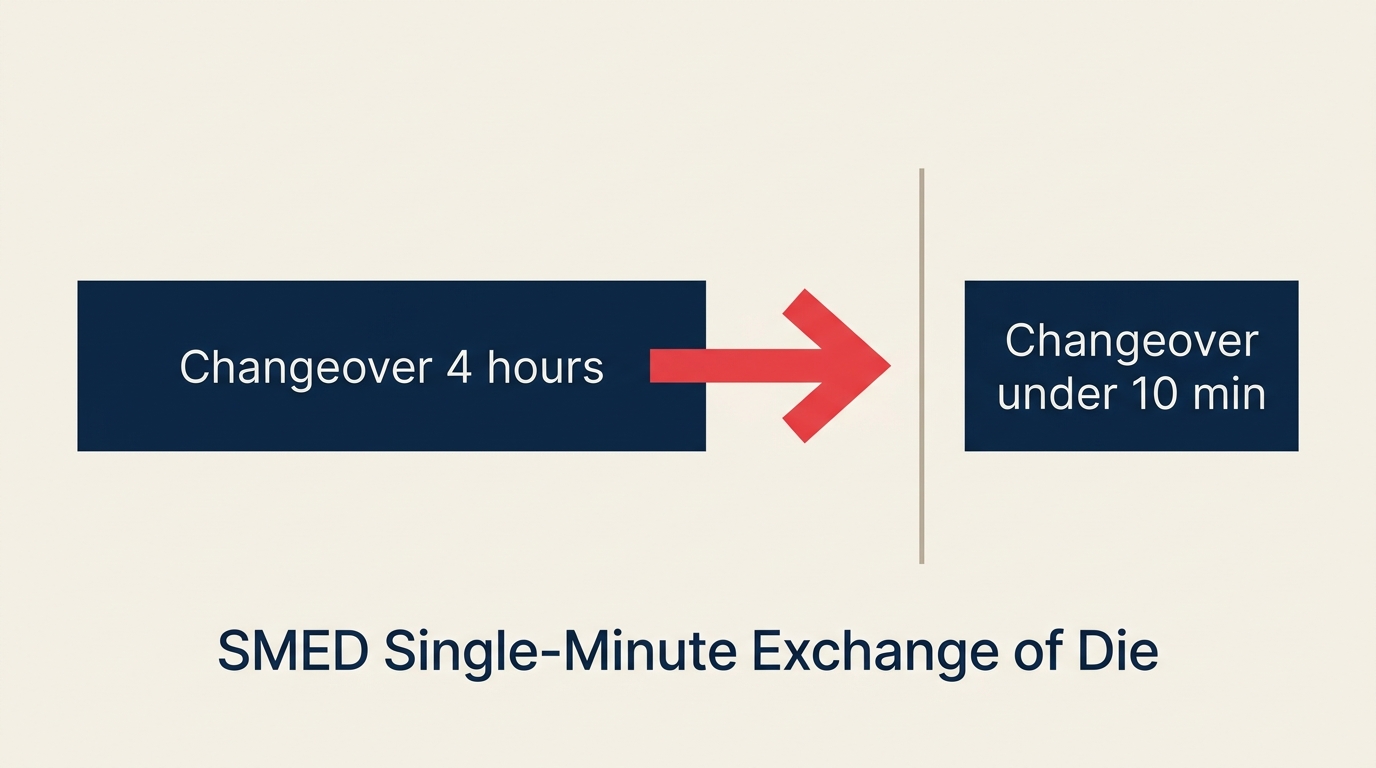 SMED before-and-after timeline showing changeover shrinking from 4 hours to under 10 minutes