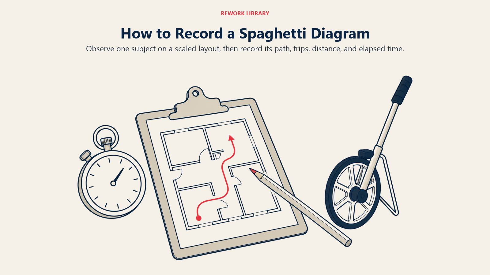 Kit de observación del diagrama de espagueti con un plano a escala, el trazo de la ruta, un cronómetro, un lápiz y una rueda de medición.