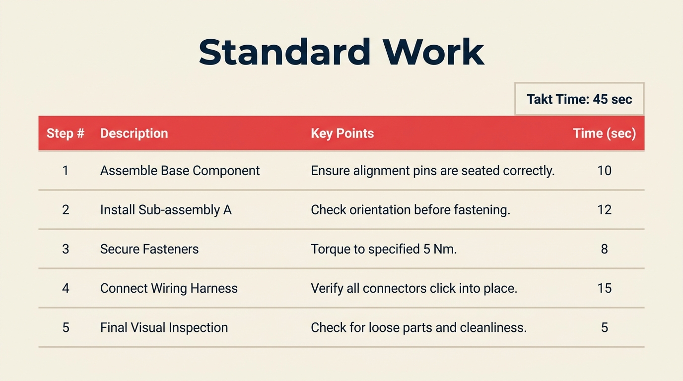 Standard work sheet showing repeatable step sequence for lean process improvement