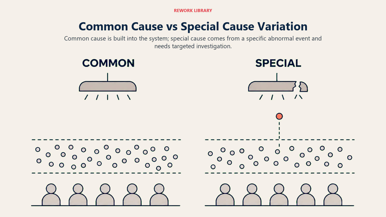 Common Cause vs Special Cause Variation shown as a wide split comparison: left a stable cloud of small variations inside a control band labeled COMMON, right one abrupt coral spike from a broken fixture labeled SPECIAL.
