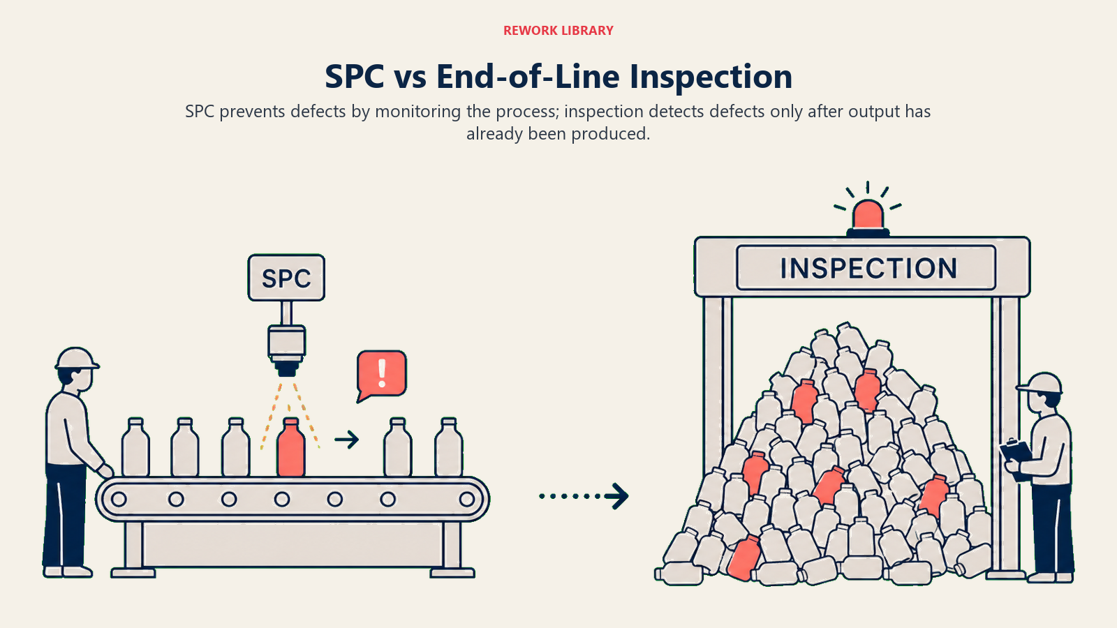SPC vs End-of-Line Inspection shown as a wide comparison: left a live production stream with an early warning sensor labeled SPC, right a finished-goods pile reaching a late inspection gate labeled INSPECTION; one coral defect caught early versus many late.