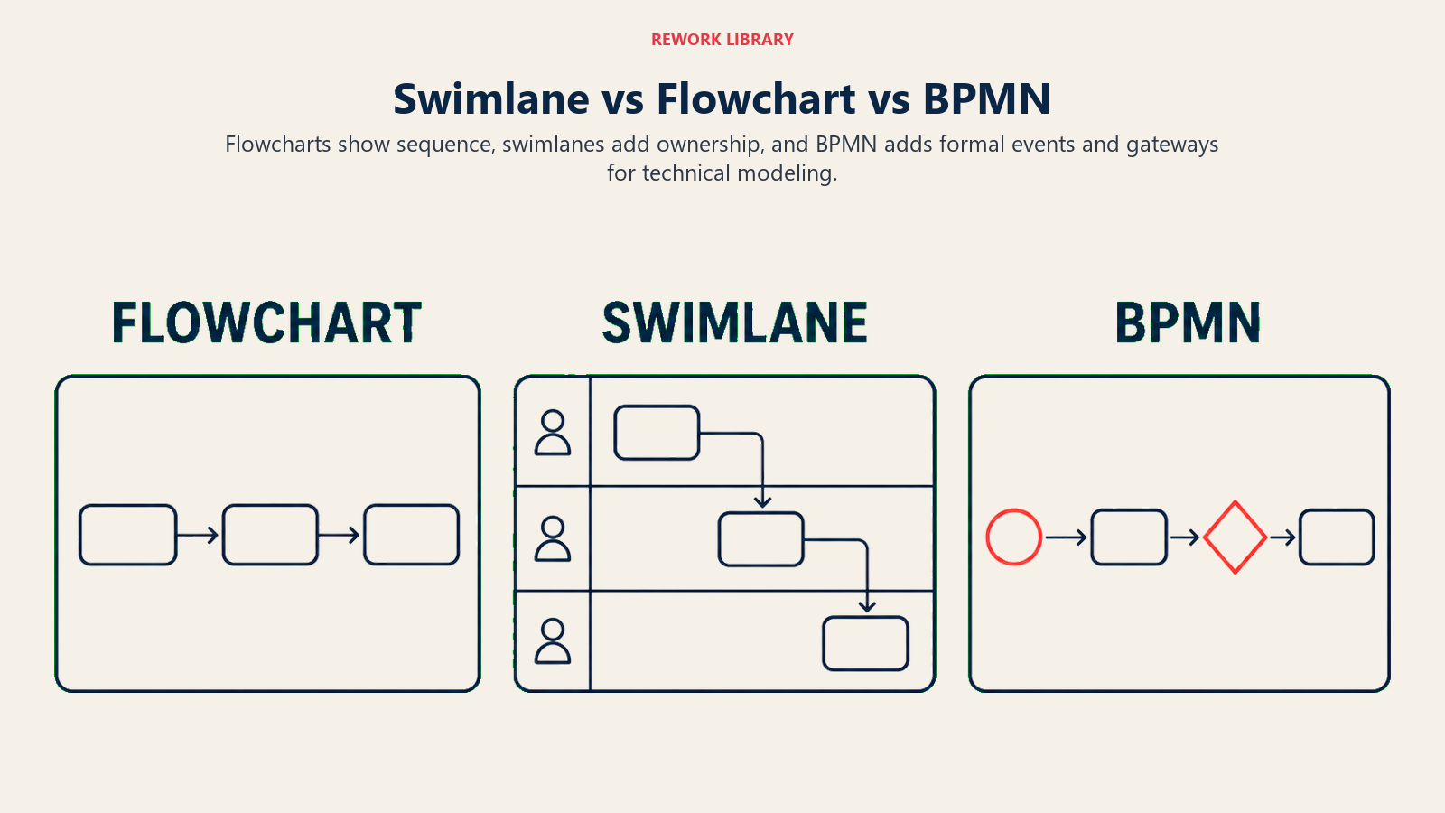 Swimlane versus flowchart versus BPMN comparison showing sequence, ownership, and formal notation