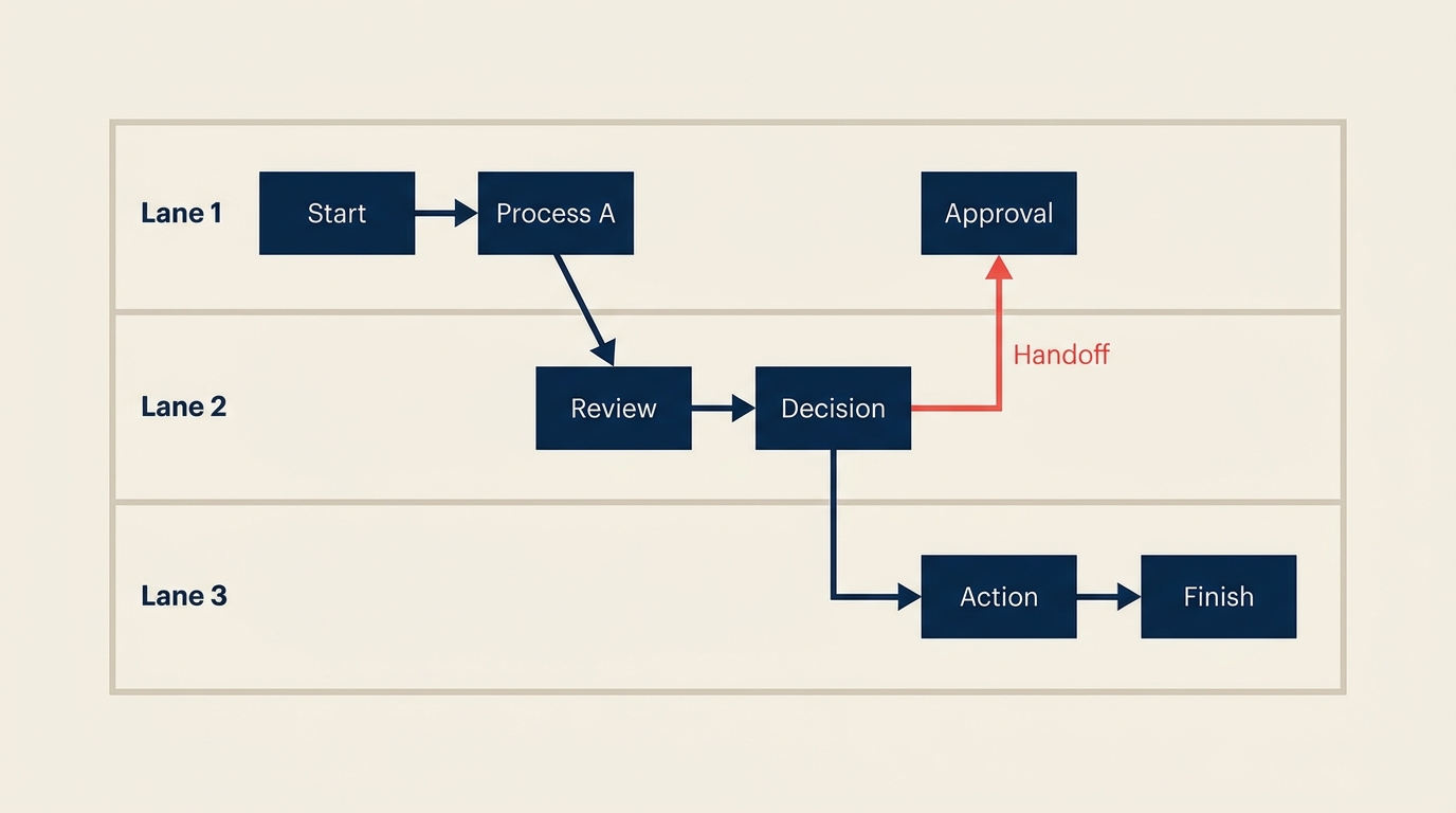 Swimlane diagram with three lanes showing cross-functional process handoffs
