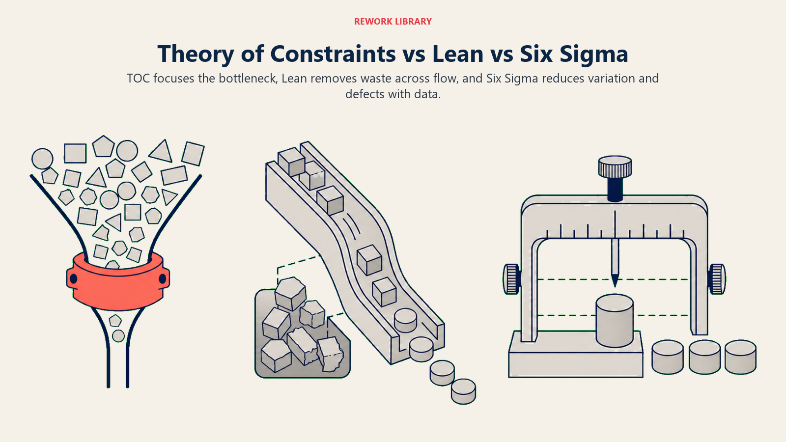Theory of Constraints versus Lean versus Six Sigma as bottleneck focus, waste removal, and variation control