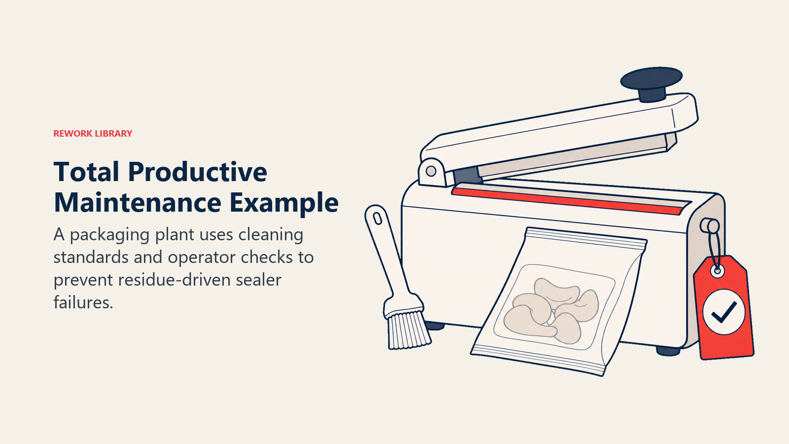 Total Productive Maintenance Example illustrated as food-packaging sealer with cleaning brush, inspection tag, and uninterrupted output.