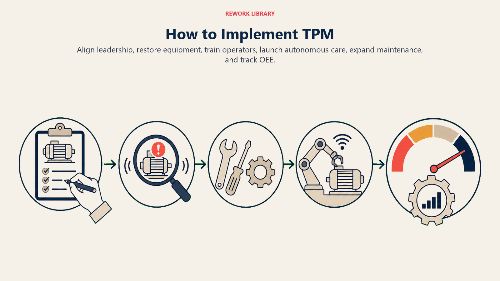 How to Implement TPM illustrated as wide factory maintenance route from baseline inspection to autonomous care and OEE gauge.