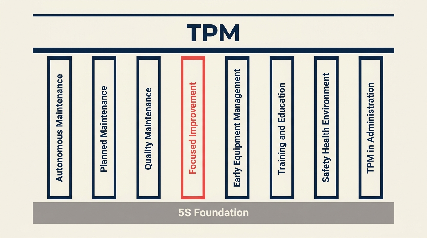 Total productive maintenance 8 pillars diagram with coral accent pillar on a 5S foundation base